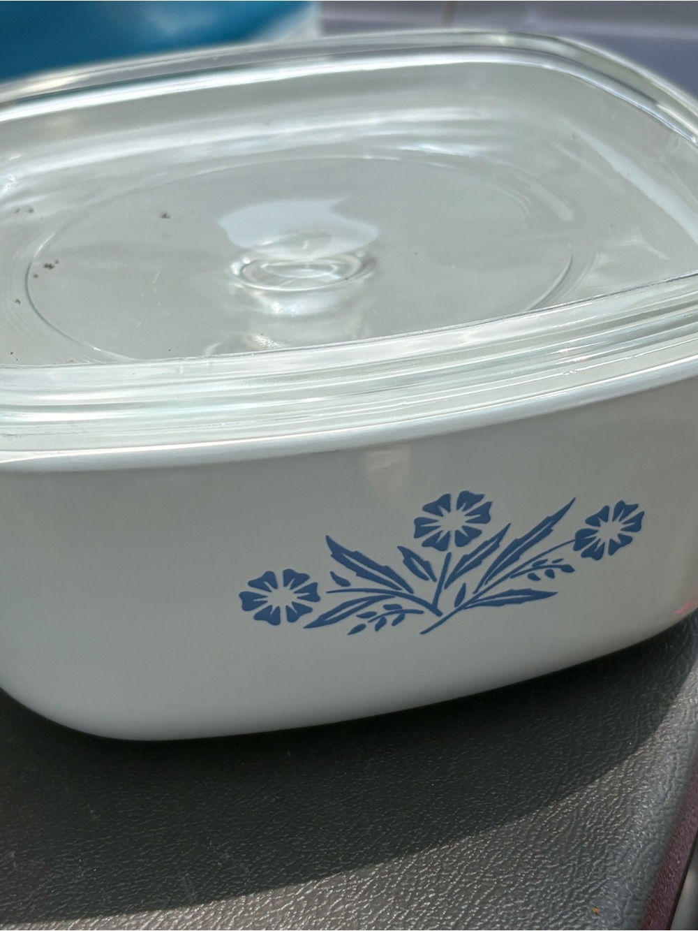White Ceramic Casserole Dish with Blue Floral Pattern and Clear Lid